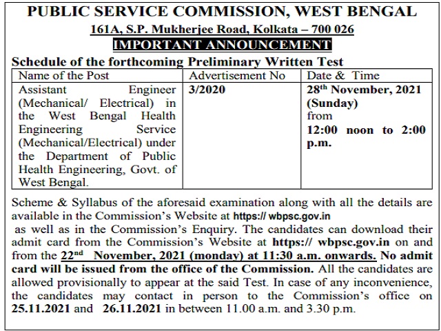 WBPSC Prelims Admit Card 2021 to Release on Nov 22 for Assistant Engineer Post  @wbpsc.gov.in, Check Exam Schedule